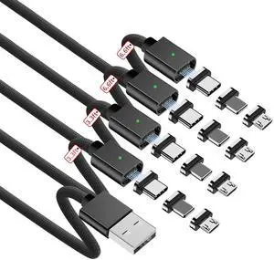 ZBF Magnetic Charging Cable 3A Fast Charging (4-Pack, 3.3/3.3/6.6/6.6 ft) 3 in 1 Magnetic Phone Charger, 480Mbps Data Transfer, USB A to Type C Charger Cable for USB-C/IproductMicro USB Device(Black)