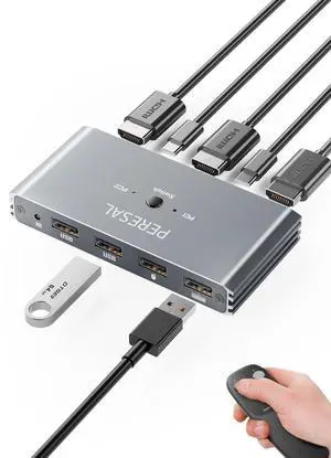 USB KVM Switch with Remote Control, HDMI Switch, 4K@60Hz KVM Switches for 2 Computers Sharing 1 Monitor, 4 USB Devices Such as Keyboard, Mouse, Printer, Scanner, Includes 2 USB-B Cables