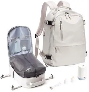 SEAFEW Travel Backpack with Vacuum Seal Compression, Waterproof Carry on Backpack for Flight Approved Personal Item Bag with pump, Business Laptop Backpack with USB Charging for Hiking Gym, Beige