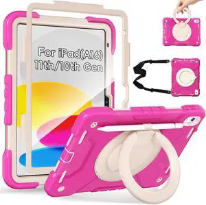 Andnary Case for iPad (A16) 11th Generation 11 inch 2025/10th Generation 10.9 inch 2022, Shockproof Cover with 360° Rotate Handle/Screen Protector/Bracket/Pen Holder/Shoulder Strap (Rose Red+White)