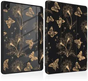 MEEgoodo Case for Samsung Galaxy Tab A9 Plus 11 inch Cover 2024 2023 with S Pen Holder, Tablet Case with Transparent Acrylic Back Shell + Trifold Stand + Auto Wake/Sleep,Butterflies & Dandelions