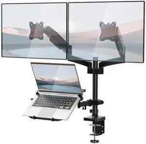 WALI Laptop Mount and Dual Monitor for Max 32" Monitor and 17" Laptop, Adjustable Spring Arm with Tilt, Swivel and Rotation, Dual Monitor and Notebook Stand with VESA 75/100mm(GSDM003LP), Black