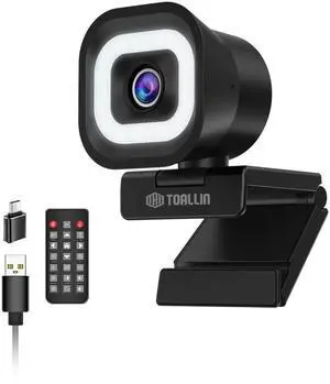 TOALLIN 4K Webcam with Ring Light, Remote Control, PDAF Auto-Focus, 1/2.5" Sensor & 12MP, Built-in Dual Mics, 5X Digital Zoom and Image Mirroring, Web Camera for Live-Streaming/Meeting/Video Calls