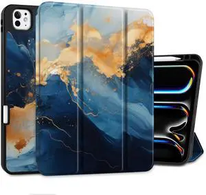 Yebiseven Case for M4 iPad Pro 11 inch 2024 Released Model A2836/A2837/A3006, Shockproof Tablet Case with Pencil Holder & Auto Wake/Sleep & Soft TPU Back Cover, Blue Marble