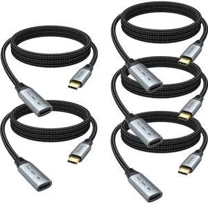 USB C Extension Cable 5-Pack 6FT, USB3.2 Type C Extender for Fast Charging 100W/Data 10Gbps/Monitor Video 4K, USBC Male to Female Cable for Galaxy S25-S22,Pixel 6-8, iPhone 16/15, iPad Pro,CarPlay,SSD