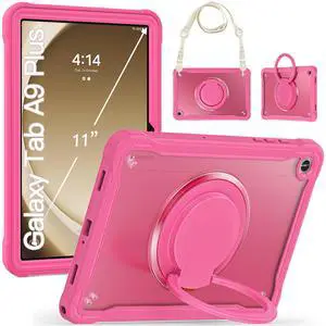 GooodiDEAR Shockproof Case for Samsung Galaxy Tab A9+ 11" 2023, Rotating Multi-Angle Stand, Hybrid TPU Protective Cover, Lightweight Rugged for Kids with Pen Holder Strap, SM-X210/X216/X218, Rose