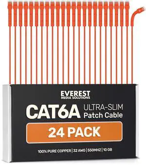 Everest Ultra Slim Cat6a Ethernet Patch Cables 0.5ft (24-Pack) Orange - 6 Inch 10GB Cat 6a Patch Cable - Bendable, Flexible & Thin Ethernet Cable - 32AWG 550MHZ Cat6a Cables - 100% Copper Wires