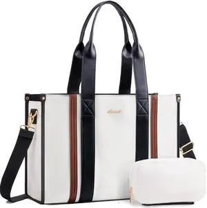 LOVEVOOK laptop bag for women 17 inch large canvas work tote bags with Clutch Purse water resistant computer bags for laptops for women Business Office Travel college Casual, Black White Brown