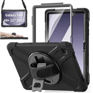 ZenRich Rugged Case for Samsung Galaxy Tab A9+/A9 Plus 11 Built-in Screen Protector Heavy Duty Full-Body Shockproof Case w/ 360°Rotating Stand, Hand/Shoulder Strap,Pencil Holder