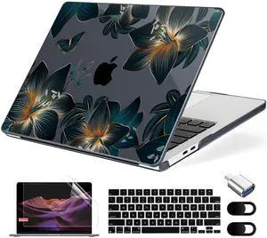 MecBevia Compatible with MacBook Air 13.6 inch Case, M4 A3240/M3 A3113/M2 A2681 (Released 2025 to 2022), Hard Shell, Keyboard Cover, Screen Protector, Webcam Cover & Type-C Adapter, Golden Lilies