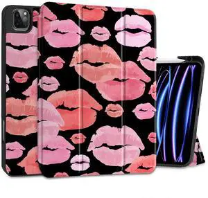 MEEgoodo for iPad Pro 12.9 Case M2 6th/5th/4th/3rd Generation 2022 2021 2020 2018 with Pencil Holder, Tablet Cover with Soft TPU Back Shell, Red & Pink Lips