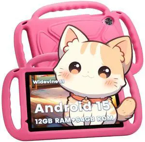 Azeyou Kids Tablet 10 Inch Android 15 Tablets for Kids, 12GB RAM 64GB ROM (1TB Expandable) with Case, 6000mAh Battery, Quad-Core Processor, Parental Control, Dual Camera, WiFi HD Screen, Pink