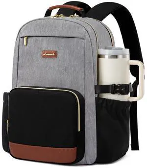 LOVEVOOK Laptop Backpack for Women with Pouch Pocket for Large Capacity Cup,18 Inch Teacher Nurse College Work Backpack Purse,Waterproof Laptop Bag Computer Back Pack for Travel, Grey-Black-Brown
