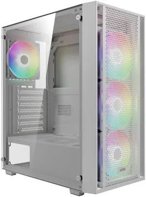 GAMDIAS White ATX Mid Tower Gaming Computer PC Case with Side Tempered Glass, Preinstalled 4X 120mm ARGB Fans, Support Up to 6X 120mm Fans, 360mm AIO/Radiator, 340mm GPU/VGA, 160mm CPU Air Cooler