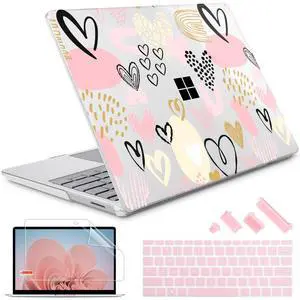 Lepeoac Compatible with 12.4 inch Microsoft Surface Laptop Go 3 Go 2 Go 1 Models: 1943 20132023 2022 2020 Release, Plastic Hard Shell Case with Keyboard Cover & Screen Protector, Pink & Gold Hearts