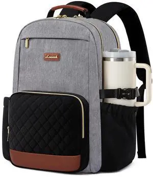 LOVEVOOK Laptop Backpack for Women with Pouch Pocket for Large Capacity Cup,17 Inch Teacher Nurse College Work Travel Backpack Purse,Waterproof Laptop Computer Bags,Grey-Black-Brown+Diamond-shaped