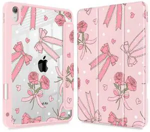 Tuiklol Case for iPad Air 11'' (M3 2025/M2 2024) 6th Gen/iPad Air 10.9'' 2022 2020 5th /4th Gen, Buit in Pencil Holder with Shockproof Cover Clear Back Auto Wake/Sleep, Bow & Rose