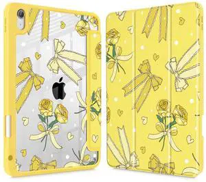 Tuiklol Case for iPad 11 inch (A16 Chip) 2025 Gen 11th / iPad 10.9 inch 2022 10th Gen, Buit in Pencil Holder with Shockproof Cover Clear Transparent Back Shell Auto Wake/Sleep,Bow & Rose Yellow