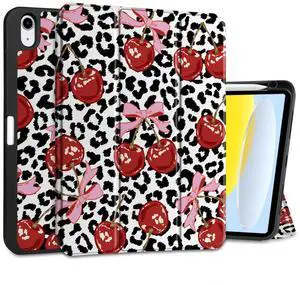 MEEgoodo Case for iPad A16 11th Generation 11 inch 2025/iPad 10th Generation 10.9 inch 2022, Tablet Cover with Trifold Stand + Pencil Holder + Auto Wake/Sleep + Soft TPU Back Cover, Leopard & Cherry