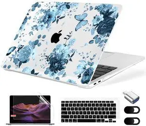 MecBevia Compatible with MacBook Air 13.3 inch Case 2021-2018 Release A2337 M1 A2179 A1932 Touch ID, Plastic Hard Shell&Keyboard Cover&Screen Protector&Webcam Cover&Type-C Adapter, Blue Flowers