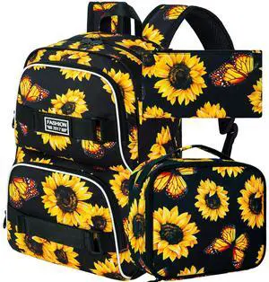 FTJCF 3Pcs Backpack for Girls Women, 17 Inches Sunflower Laptop Backpacks with Lunch Bag, Water Resistant College School Bookbag Set for Teens Students(Yellow)