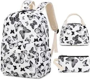 Sunborls Teens Girls Cute Backpack 3 in 1 with Lunch Bag Pencil Bag Set Females Daily Leisure Travel Laptop Backpack He is Also Back To School Student BookbagsButterfly Pattern Black