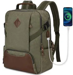Kasqo Laptop Backpack 15.6 Inch Canvas Waterproof Anti Theft Business Travel College Computer Bag 18.8L Carry on Bag with USB Charging Port for Women Men, Army Green