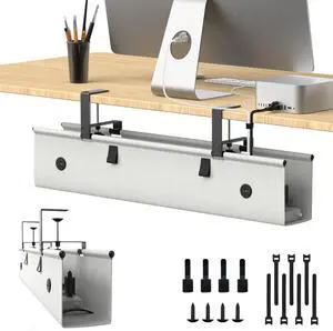 KIGJU Under Desk Cable Management Tray, 30-inch No-Drill Cord Organizer with Anti-Sag Reinforced Base, Fabric Wire Management Hider for Standing Desk, Office & Gaming Accessories - Grey