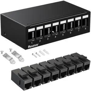 PBAEGAV Patch Panel 8 Port with 8pcs Cat6 Keystone JackEC Listed UTP No Rust and Durable (1U 8Port Cat6 Keystone Jack Unshielded)