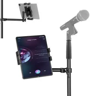Tablet Holder for Microphone Stand,Aluminum Mic Music iPad Stand Holder for Microphone,360°Swivel Tilt Adjustable L-Shape Super Crab Clamp Mount,Compatible with 4.7~12.9" iPad/Nexus/e-Reader/iPhone