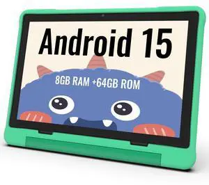 ApoloMedia Kids Tablet, 10.1 Inch HD Android 15, 64GB Storage, 8GB RAM, Eye Protection Mode, 10-Hr Battery, Parental Shockproof Case - Tablet for Kids (Green)
