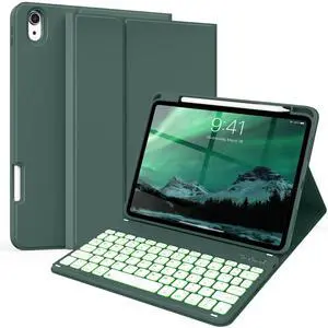 kenke for iPad 11/10th Gen Case with Keyboard 11/10.9 inch 2025 A16/2022, Detachable Wireless Bluetooth Keyboard Case with Right Side Pencil Holder, Backlit White Square Keycaps (Dark Green