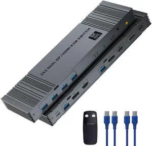 8K@60Hz HDMI+DP KVM Switch with 4-Port USB 3.0 Hub Dual HDMI Monitor KVM Switch for 2 Computers Supports Extended/Copy Mode, Keyboard & Mouse Sharing, Includes USB Cables & Remote Controller