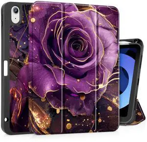 May Chen Case for iPad Air 11 inch (M3 2025/M2 2024) 7th/6th Gen/iPad Air 10.9 inch 5th/4th Gen, 2022 2020 Release with Pencel Hodel, Trifold Stand Auto Wake/Sleep TPU Stand Back Cover, Purple Roses