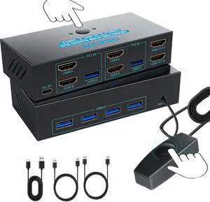 SGEYR HDMI KVM Switch Dual Monitors, 4K@60Hz KVM Switch 2 Monitors 2 Computers with 4 USB 3.0 Ports Share 2 Monitors and USB Devices, Support Wired Remote and Button Switch, Sharing Keyboard& Mouse
