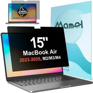 Mamol 360° Privacy Screen for Macbook Air 15 Inch (2023-2025, M2, M3, M4), Anti Glare Blue Light Filter, Nano No Glue Anti Spy Black Protector for Mac Air 15.3In Laptop