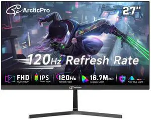 ArcticPro 27 inch Monitor 120Hz, FHD 1080p, Computer Monitor, IPS, 99% sRGB, 1ms Response Time, 3-Sided Frameless, Ultra Slim, VESA Mountable, Anti-Blue Light Design, HDMI & VGA Ports,Black
