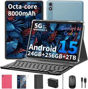 QDDQ Android 15 Tablet 10 inch, 2025 Tablet with Keyboard, 24GB+256GB+2TB Expand, 2-in-1 Tablets with 8-Core, 5G WiFi, 8000mAh, BT5.0, GMS Certified, with Mouse, Case, Stylus, Split Screen(Pink case)