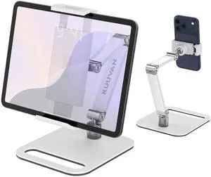 KUUVAN Tablet Stand Holder for iPad, Portable Monitor Stand Holder 15.6'',17.3'', Aluminum Alloy Foldable Arm Mount with 360° Swivel Desk Mount Compatible with 4.7-17.3inch Tablet, Cell Phone (White)