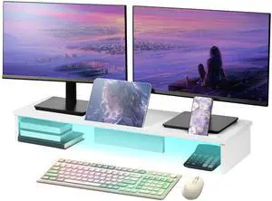 Qupui Dual Monitor Stand Riser with LED Lights and Phone Tablet Holder, 35.8in Large Monitor Stand for Desk, Computer Monitor Stand for 2 Monitors, Desktop Shelf Organizer for Laptop, Printer, TV