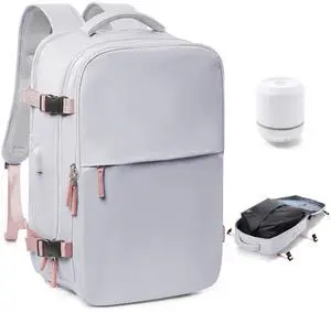 Vacuum Travel Backpack with Pump for Women,Personal Item Carry on Backpacks Flight Approved 18x14x8 inches for Men,Laptop Waterproof Work Compression bags Casual Daypack(Grey)