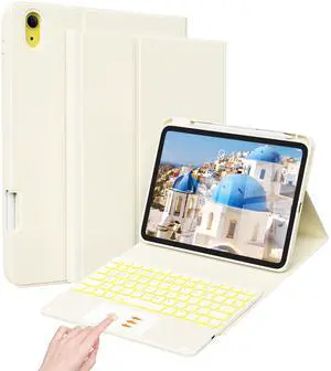 JKSML Case for iPad 10th/11th (A16) Gen with 7 Colors Backlight Touchpad Keyboard and Pencil Holder, Detachable Wireless Bluetooth Trackpad Keyboard, 3 Adjustable Angles, 10.9inch/11inch Case, White