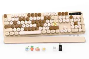 SABLUTE Wireless Keyboard, Round Keycaps, Retro Typewriter Keyboard with Detachable Wrist Rest, Sleep Mode, Foldable Legs, 2.4GHz Full-Size Cordless Computer Keyboard for Windows/PC/Laptop (Latte)