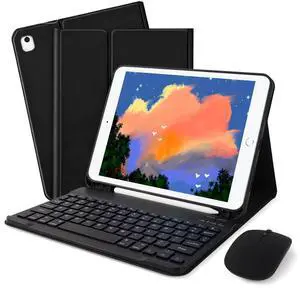 WthGrop for 10.2"&10.5" iPad 9th/8th/7th Generation Keyboard Case with Mouse, for iPad Pro 10.5"/iPad Air 3rd Gen Wireless Detachable Folio Keyboard Cover with Mouse & Pencil Holder, Black