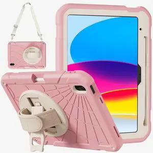 PZJI for iPad (A16) 11th/10th Generation Case 2025/2022 (11/10.9), Sturdy Heavy Duty Full-Body Shockproof Protective Case, Rotating Stand, Hand/Shoulder Strap (Pink+White)