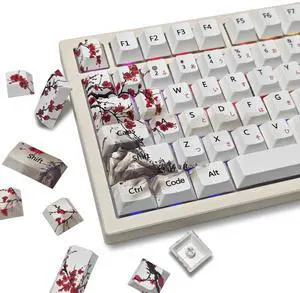 PBT Keycaps Set 136 Keys Dye Sublimation Cherry Profile Plum Blossom Custom Keycaps 60 65 75 80 100 Percent for 61/64/68/84/87/100/104/108 Retro Gaming Cherry Gateron MX Swithes Mechanical Keyboard