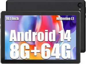 MUISOO Tablet 10 Inch, Android 14 Tablet PC, 8GB RAM+64GB ROM (1TB TF), Octa-Core 2.0 GHz, WiFi 6, Bluetooth 5.0, Widevine L1, 5MP+8MP, 5000mAh,Type-C, Black