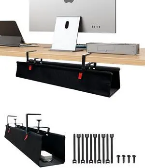 Jiangce 48" No Drill Under Desk Cable Management Tray - Upgraded Oxford Fabric with Cable Loop, No Damage to Table for Standing Desks and Home Office (Extra Large (48 Inch))