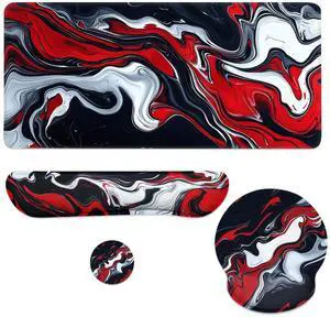 Abstract Art Mouse Pad Set Red Black White Modern Fluid Art Gaming Mousepad 4in1 Desk Mat for Desktop Wrist Support Cup Coaster Set Ergonomic Computer Desk Arm Wrist for Decor Home Office
