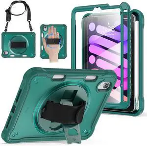 BRAECNstock Case for iPad Mini 7 (A17 pro) 2024/ Mini 6 8.3", Shockproof Protective Cover with Pencil Holder, Screen Protector, 360° Rotating Hand Strap/Stand for iPad mini 7th/ 6th Gen,Midnight Green